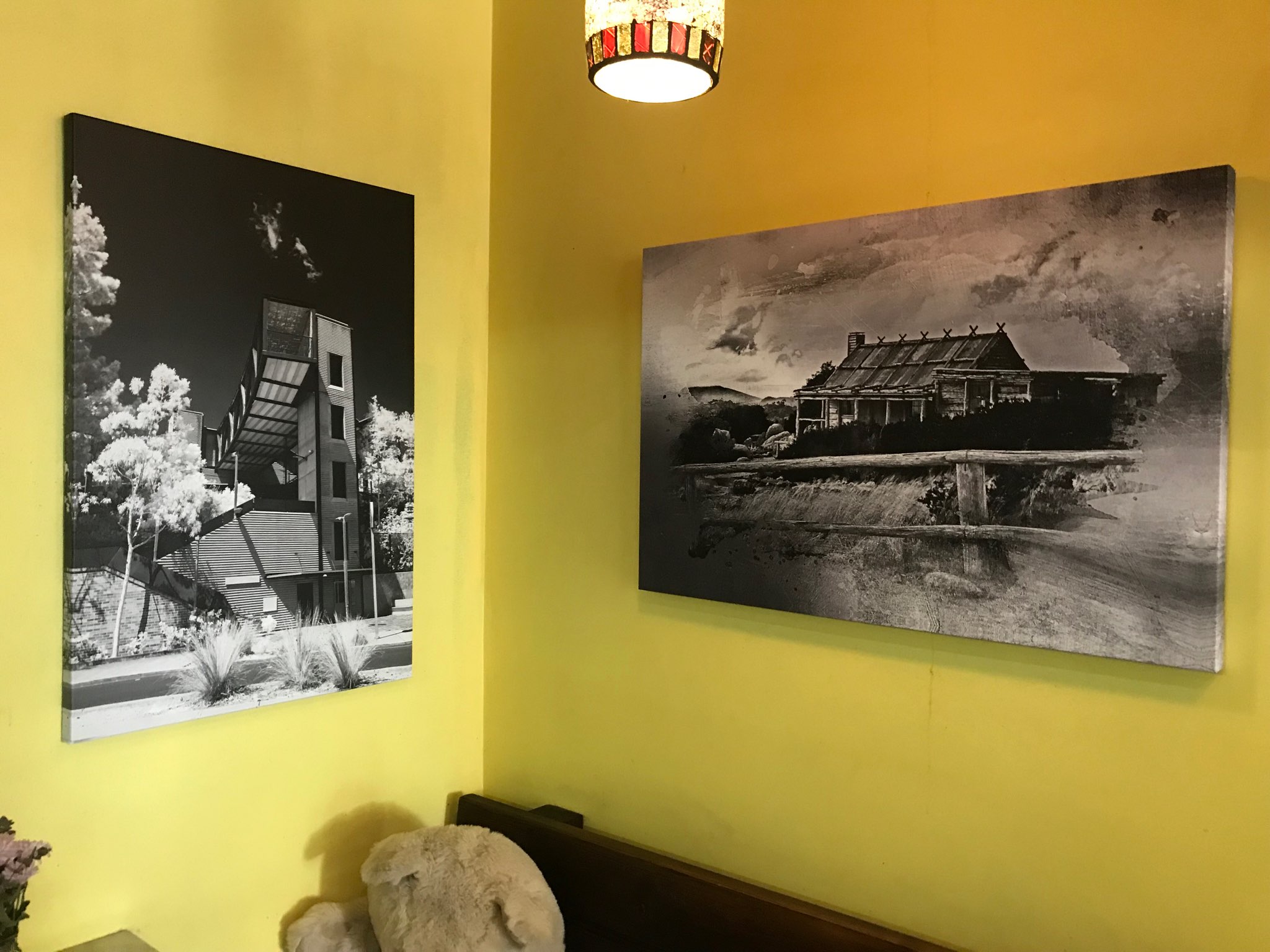 Two of Peter Kneen's B&W Stretch Canvases in 121 Coffee Shop, Oatley West