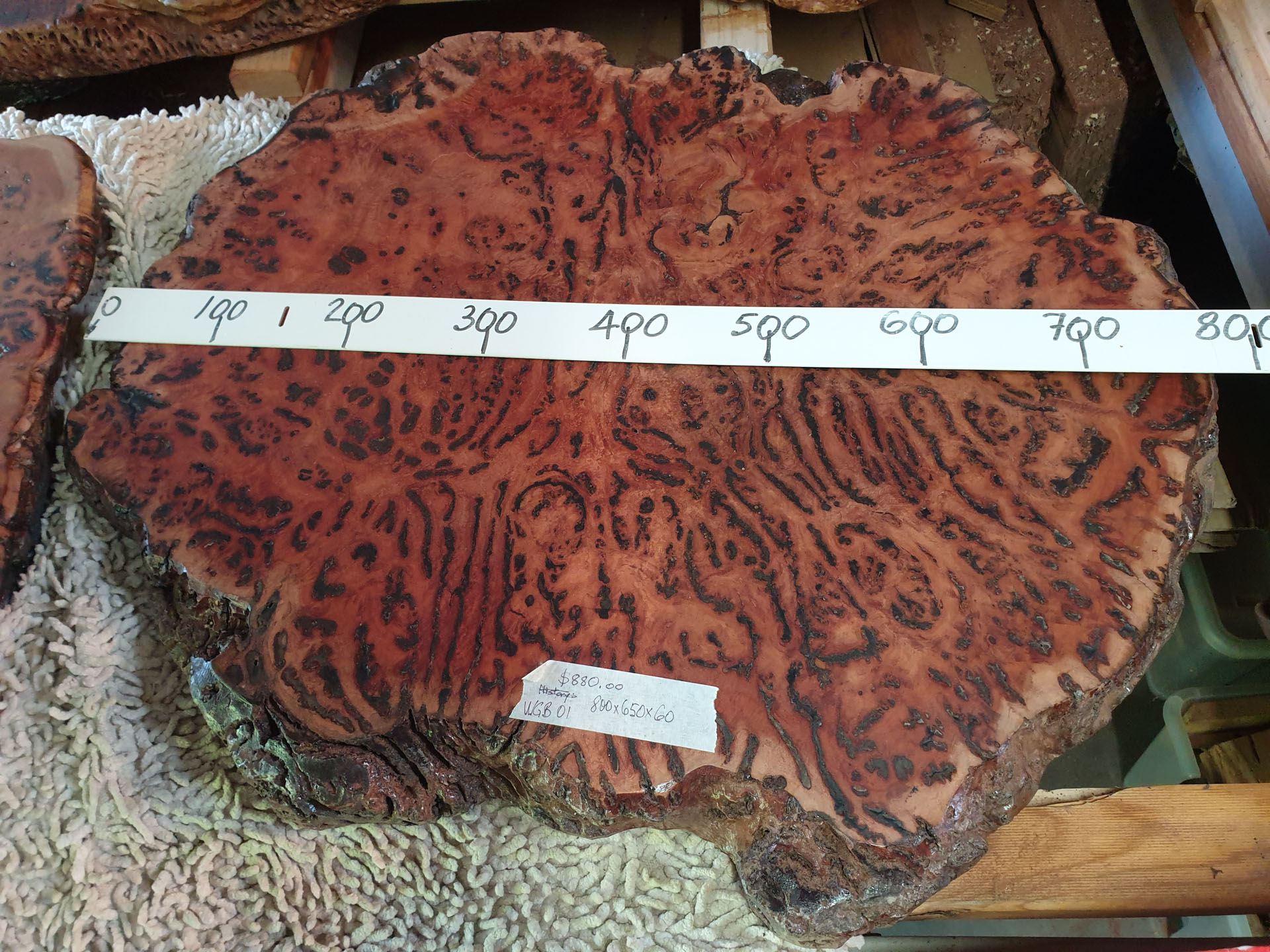 800x650x60 Burl, WG, red gum, no legs, many veins, great colour